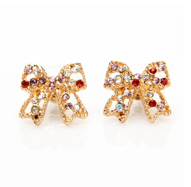 Sweet Cute Inlay Diamonds Bowknot Colorful Crystals Stud Earrings
