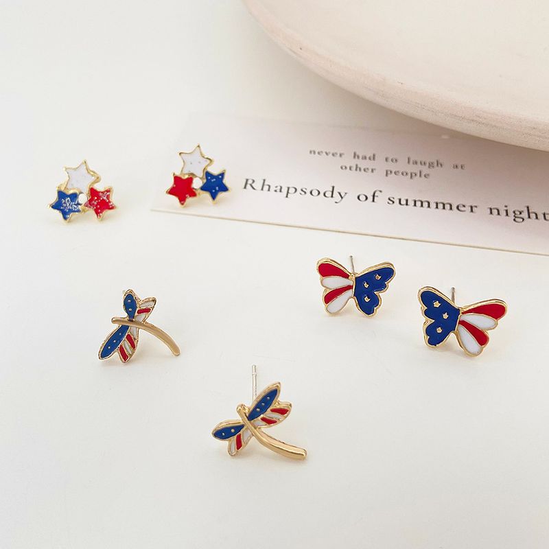 Außenhandel Neue Europäische Und Amerikanische Damen Süße Farbe Drei Sterne Ohrringe Libelle Schmetterlings Ohrringe Amerikanische Flagge Ohrringe