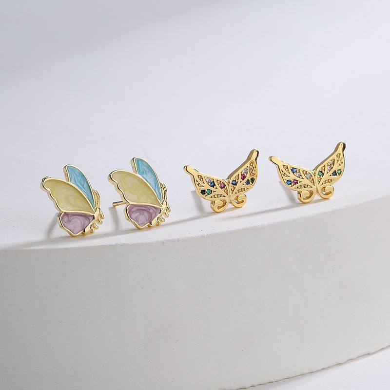 Fashion 18k Gold Plating Zircon Dripping Butterfly Copper Ear Studs Earring