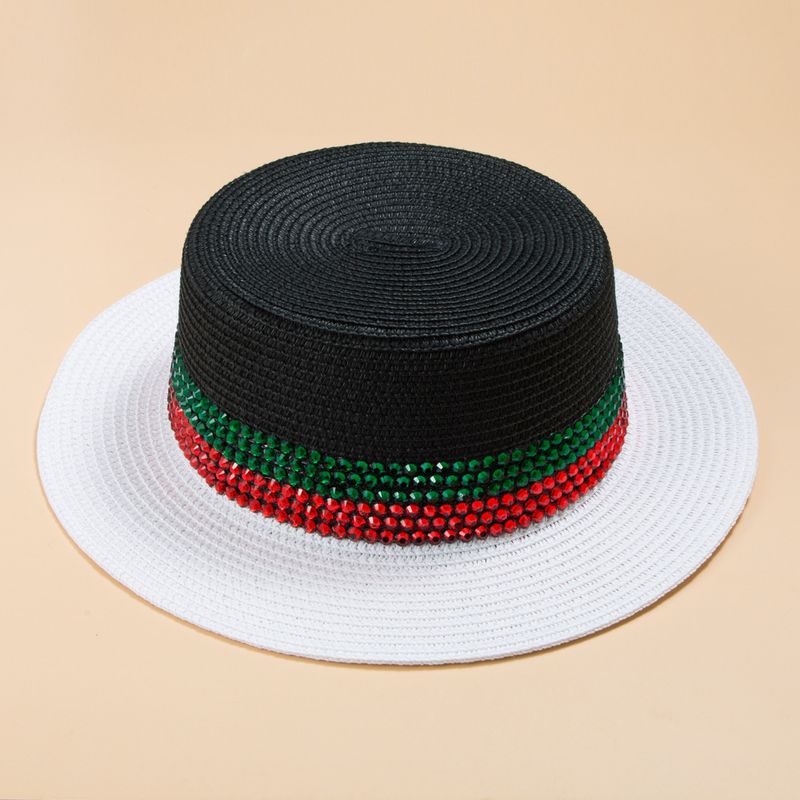 Sombrero De Viaje A Prueba De Sol De Paja Superior Plana De Ala Pequeña De Diamantes De Imitación De Colores