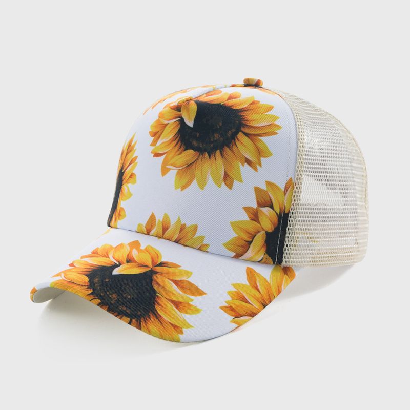 New Baseball Cap Fashion Sunflower Printed Cross Ponytail Mesh Hat Sun-poof Peaked Cap