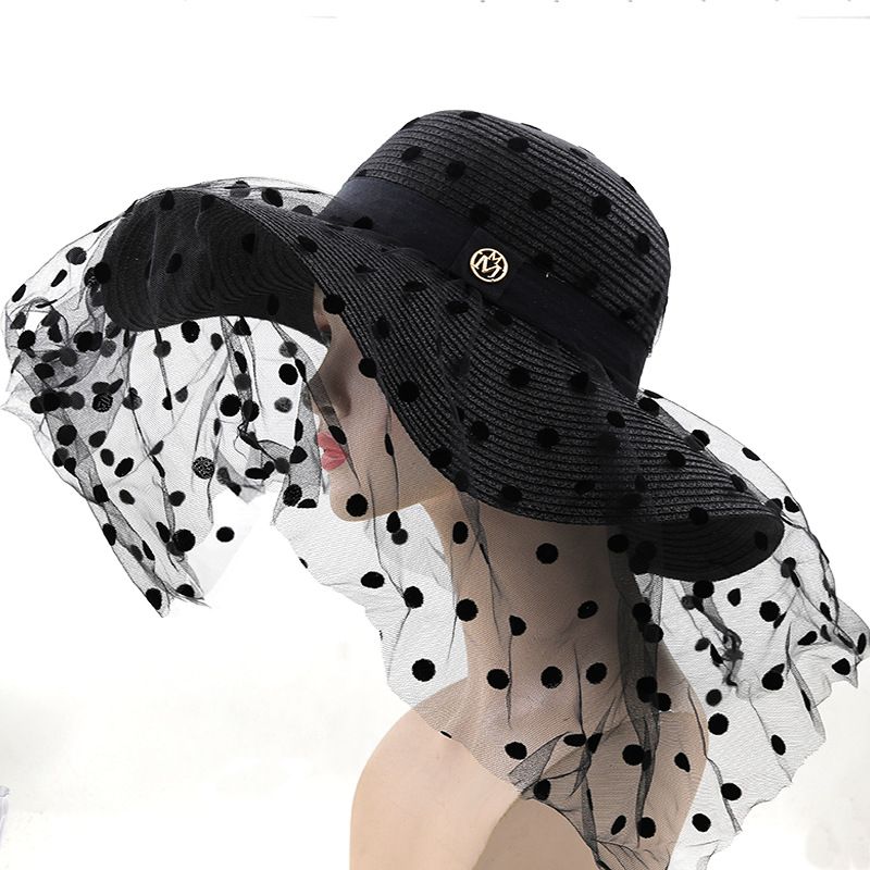 Moda Retro Polka Dot Encaje Ala Grande Paja Mujer Sombrero De Playa