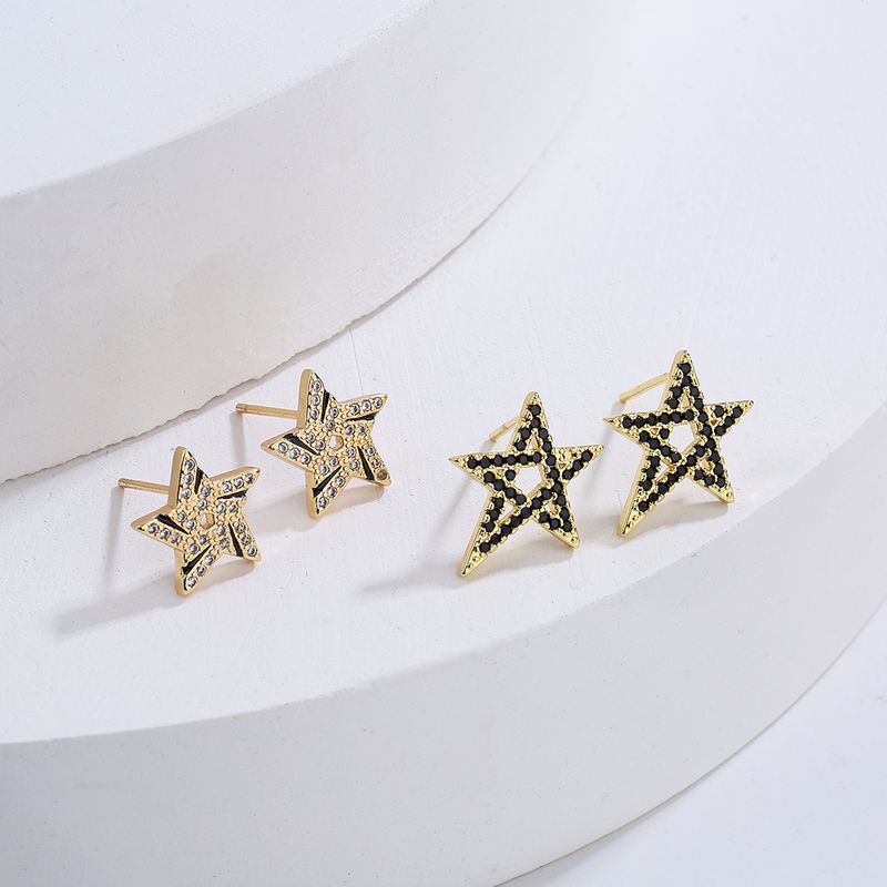 Fashion 18k Gold Plating Zircon Star Geometric Shape Copper Ear Stud Earrings