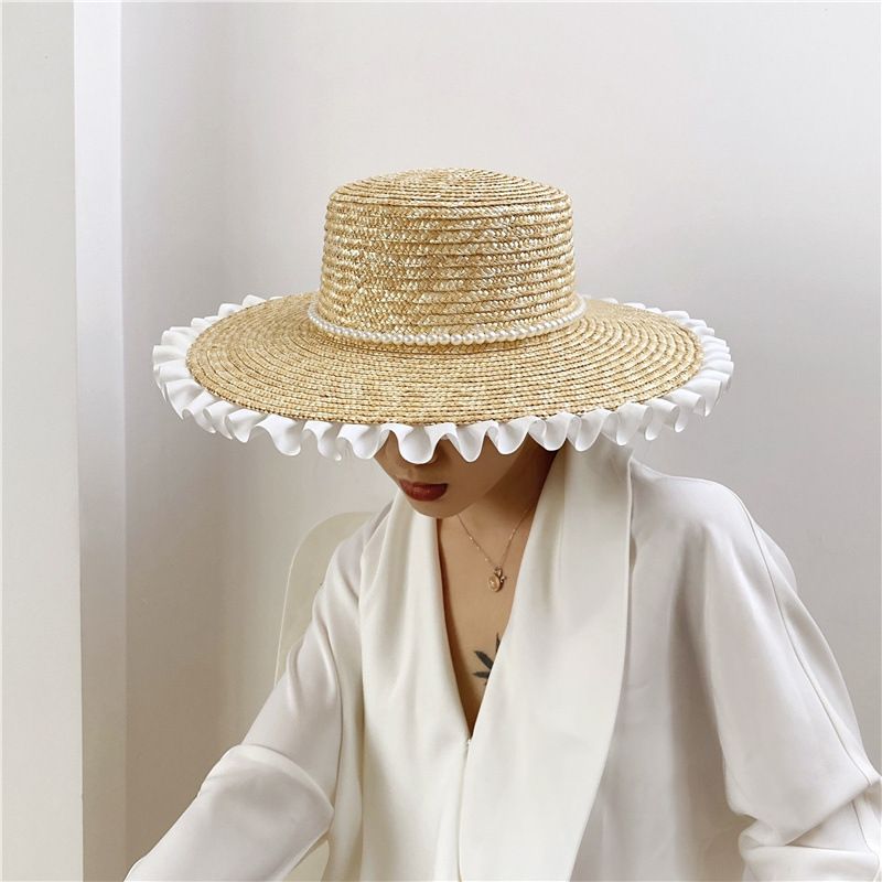 Fashion Elegant Pearl Decorated Pleated Lace Big Brim Straw Beach Hat