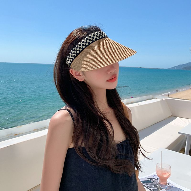 Fashion Women's Summer Chessboard Plaid Leopard Print Outing Straw Sun Hat