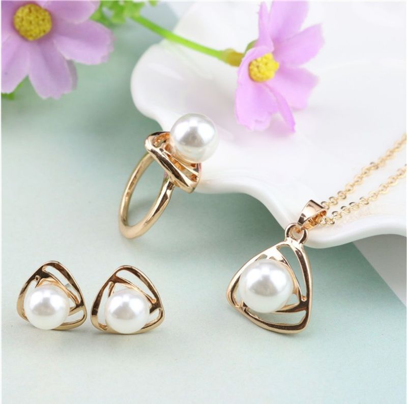 Fashion Hollow-out Triangle Pearl Alloy Ear Stud Necklace Ring Set