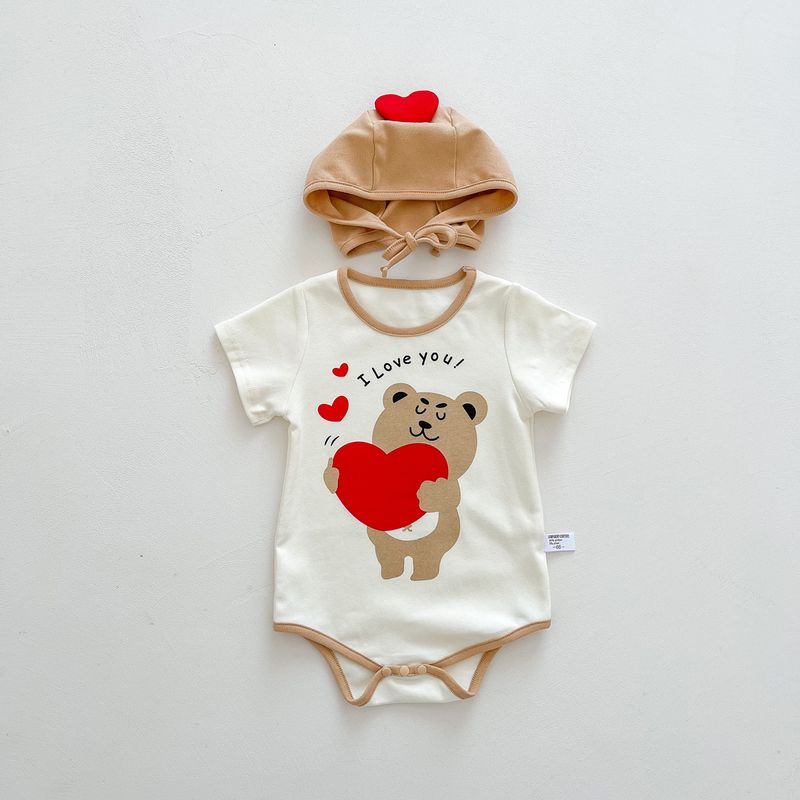 Cute Heart Bear Printed Short Sleeves Romper & Hat Two Piece Sets