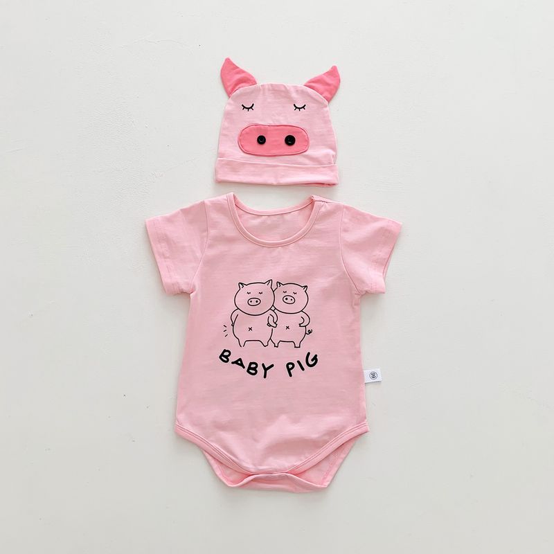 Cute Pinkpig Short Sleeved Romper Hat Two Piece Sets