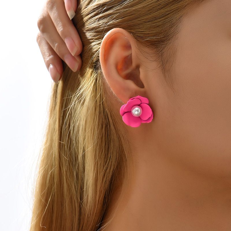 Mode Einfachen Candy-farbige Intarsien Perle Blume Legierung Ohrringe