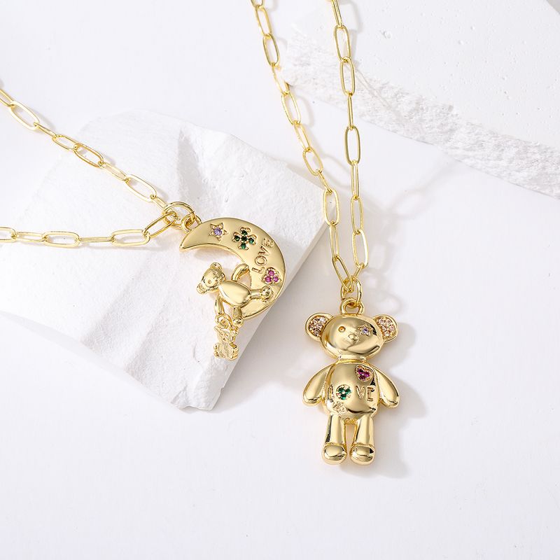 Fashion Cute Bear Mond Anhänger Überzug 18k Gold Micro Intarsien Zirkon Kupfer Halskette