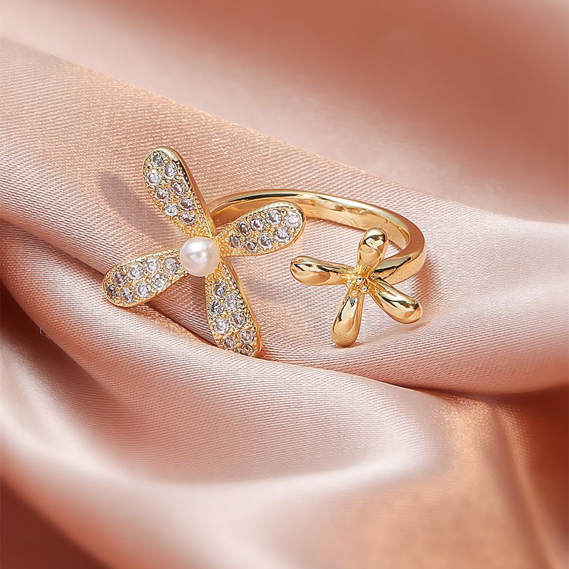 Fashion Copper Petals Rings Daily Shopping Artificial Pearl Rhinestone Copper Rings