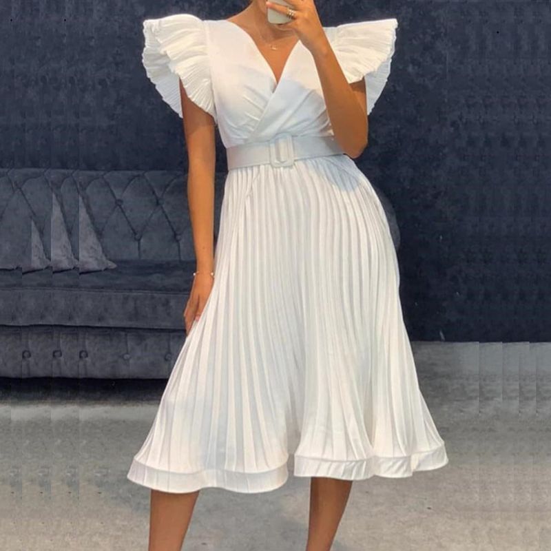 Sexy V Neck Pleated Short Sleeve Knee-length