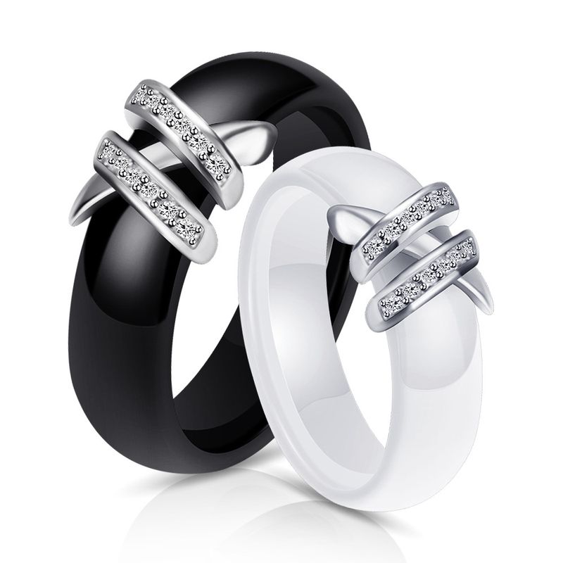 Creative Ceramic Black White Double X Inlaid Diamond Titanium Steel Ring