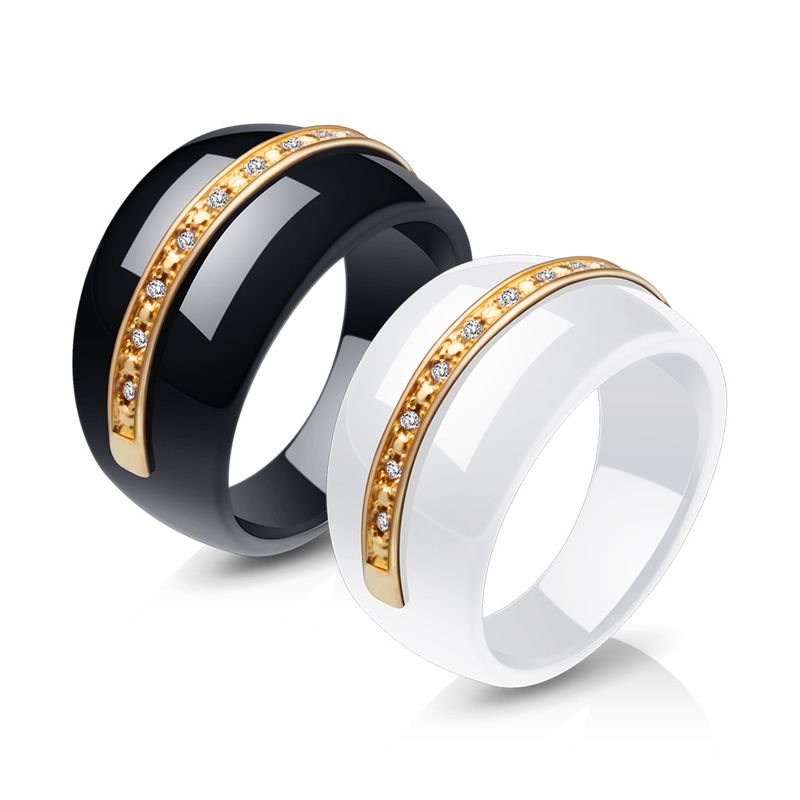 Einfach Schwarz Weiß Keramik Edelstahl Intarsien Diamant Paar Ring