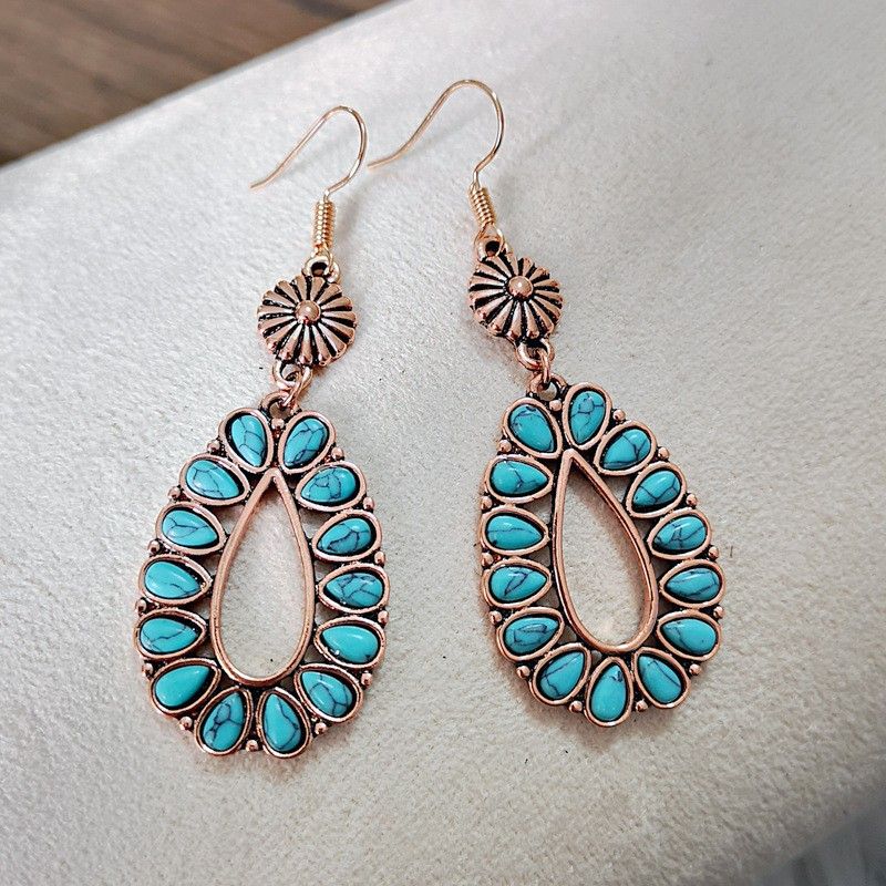 Retro Style Hollow Water Drop Shape Inlaid Turquoise Pendant Earrings