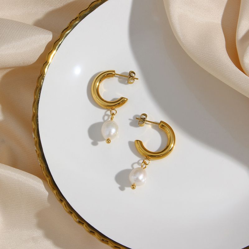 1 Pair Fashion Geometric Plating Stainless Steel Freshwater Pearl 18k Gold Plated Earrings