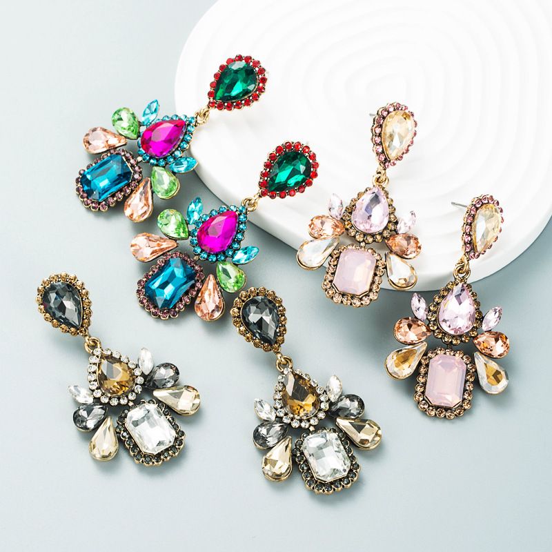 Fashion New Women Colorful Rhinestone Flower  Glass Drill Earrings