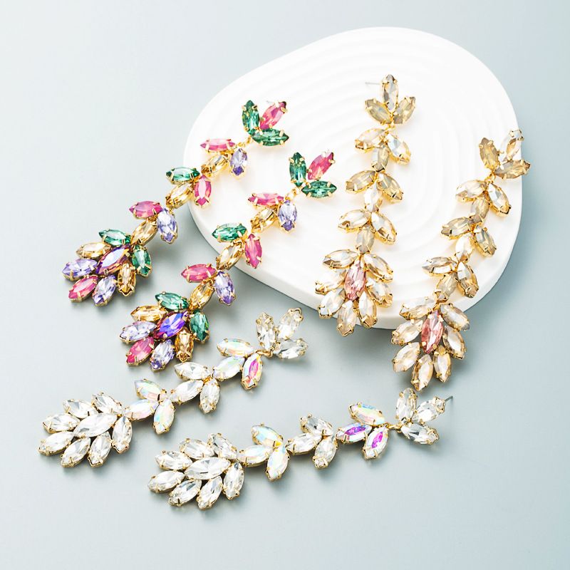 Fashion Creative Long Leaves Colorful Rhinestone Glass Drill Earrings