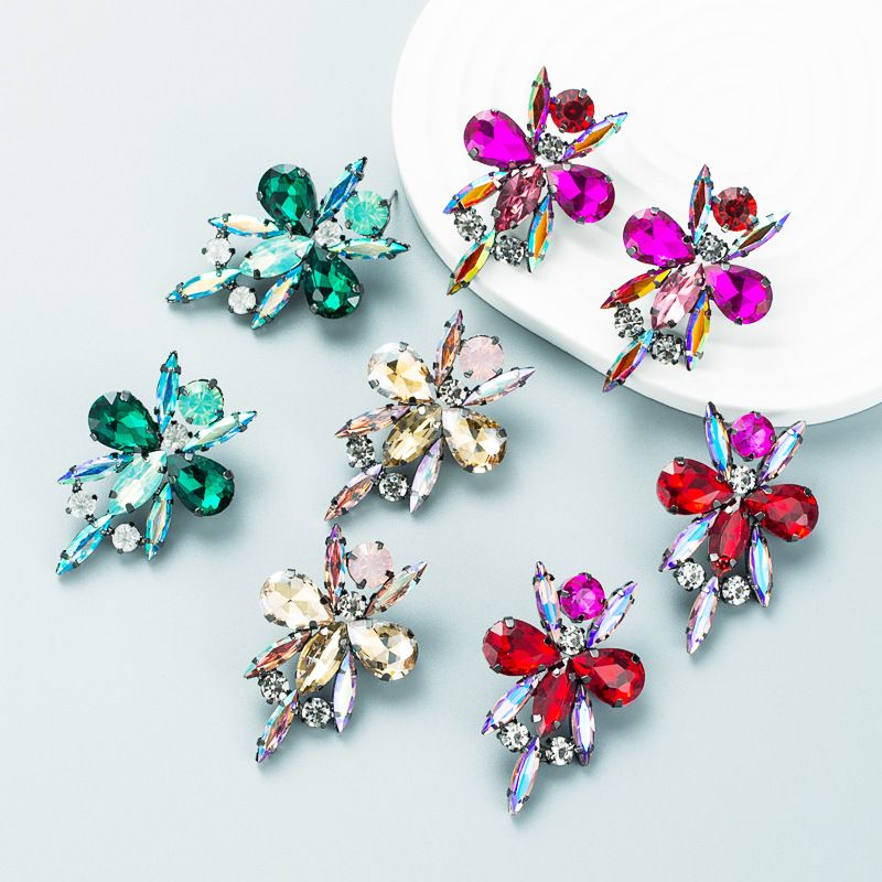 New Creative Flower Colorful Rhinestone Female Alloy Earrings Wholesale