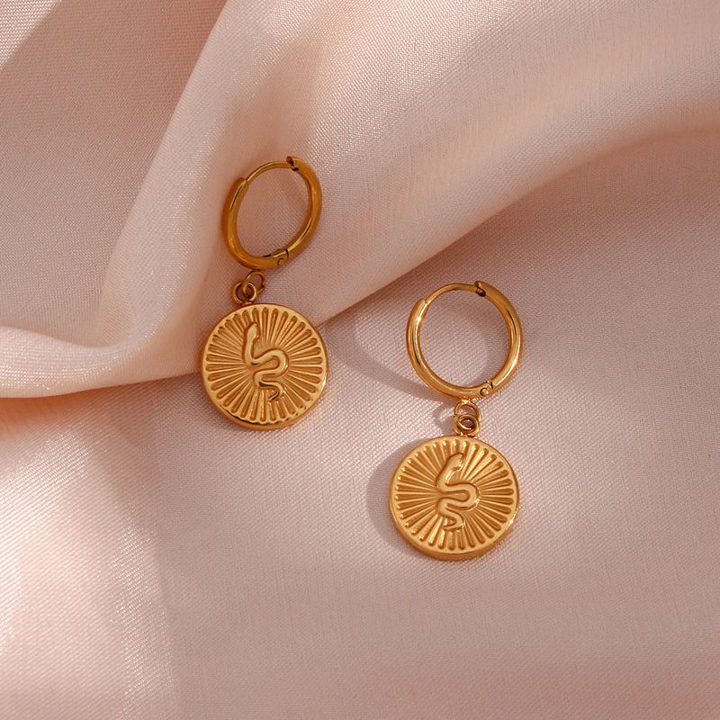 Fashion Carved Ear Hoop Jewelry Stainless Steel Plated 18k Gold Snake Coin Pendant Earrings