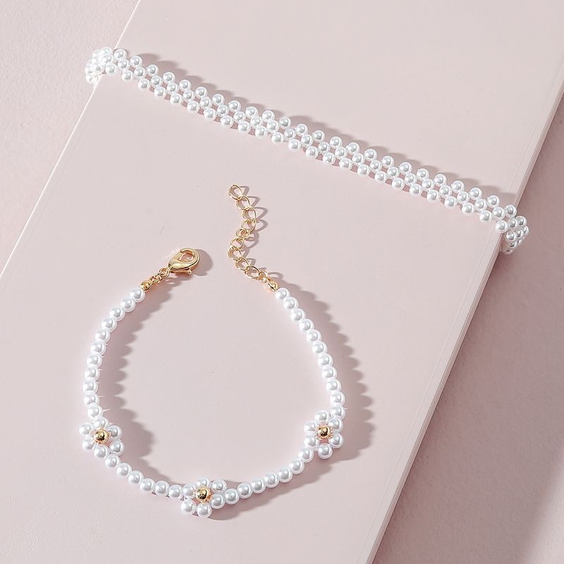 Fashion Jewelry Acrylic Pearl Alloy Choker Weave Bracelet Set
