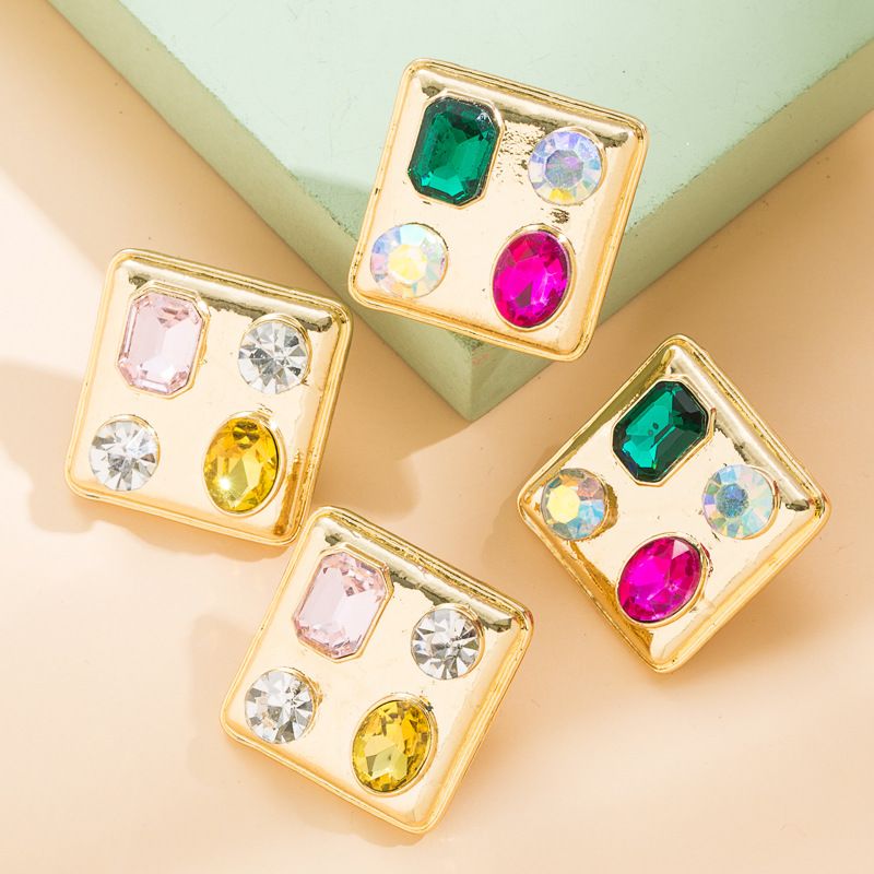 New Creative Vintage Colorful Gem Square Glass Drill Earrings