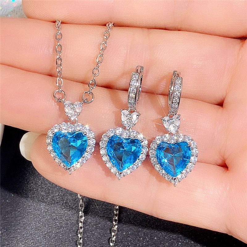Blue Zircon Heart-shaped Pendant Ring Earrings Set