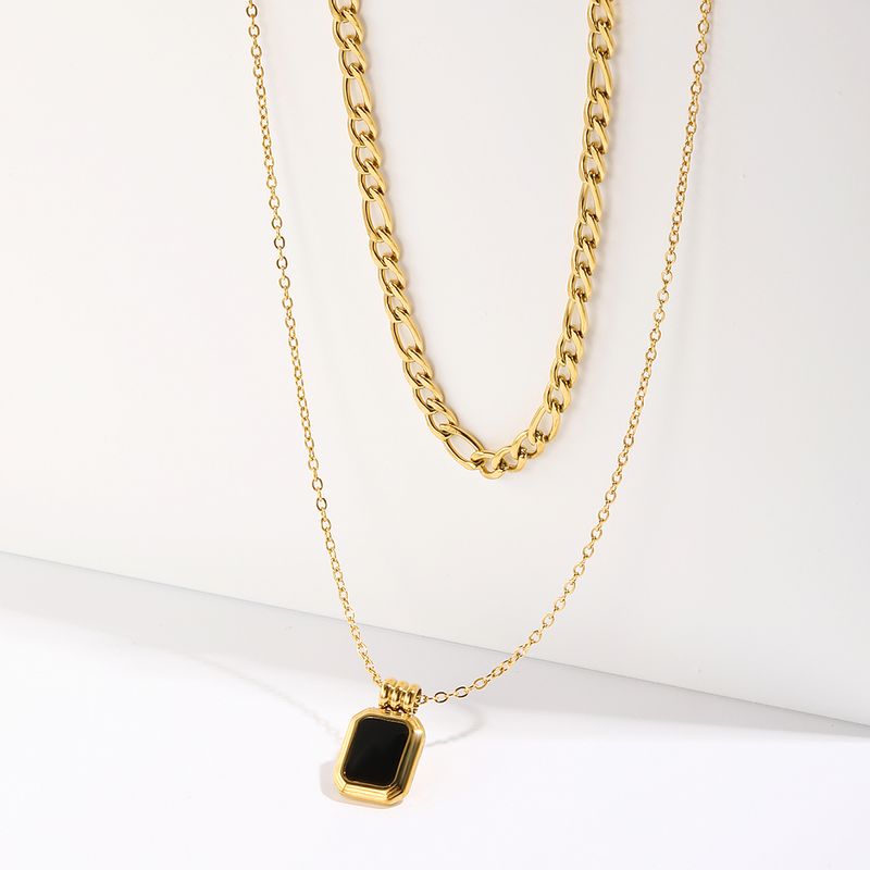 2022 New Style Stainless Steel 18k Gold Plating Black Oil Dripping Pendant Double-layer Necklace