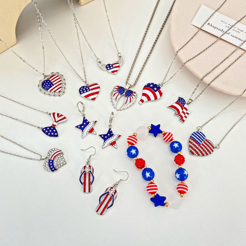 Fashion Simple American Independence Day Rhinestone Wings Heart-shaped Pendant Alloy Necklace Set