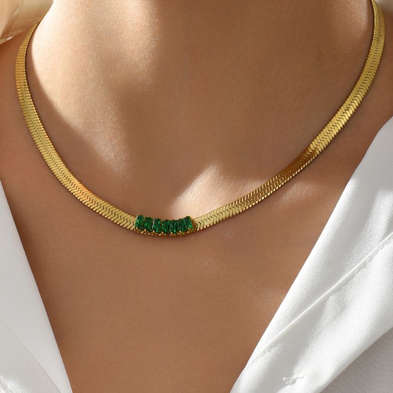 Fashion Golden Inlaid Green Zircon Stainless Steel Thick Necklace