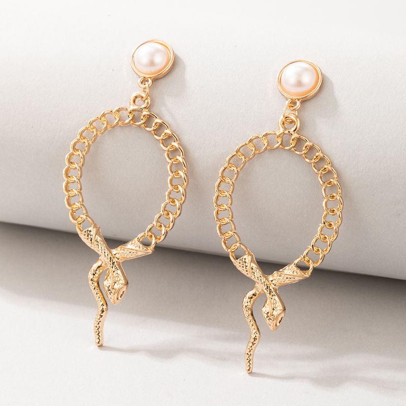 New Style Hollow Snake Circle Pendant Inlaid Pearl Alloy Earrings