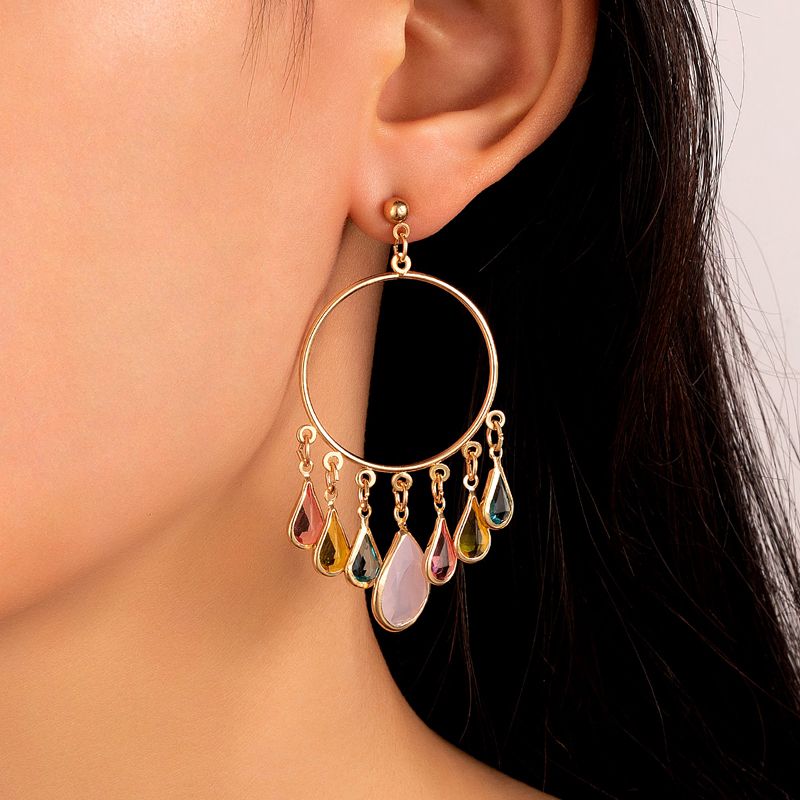Ethnic Style Geometric Colorful Diamond Tassel Circle Pendant Earrings