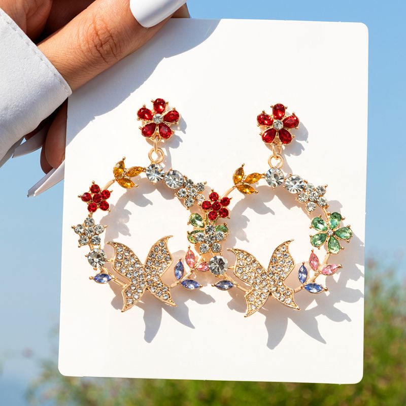Nuevo Estilo Geometric Garland Colorido Flor Mariposa Pendientes De Diamantes De Imitación