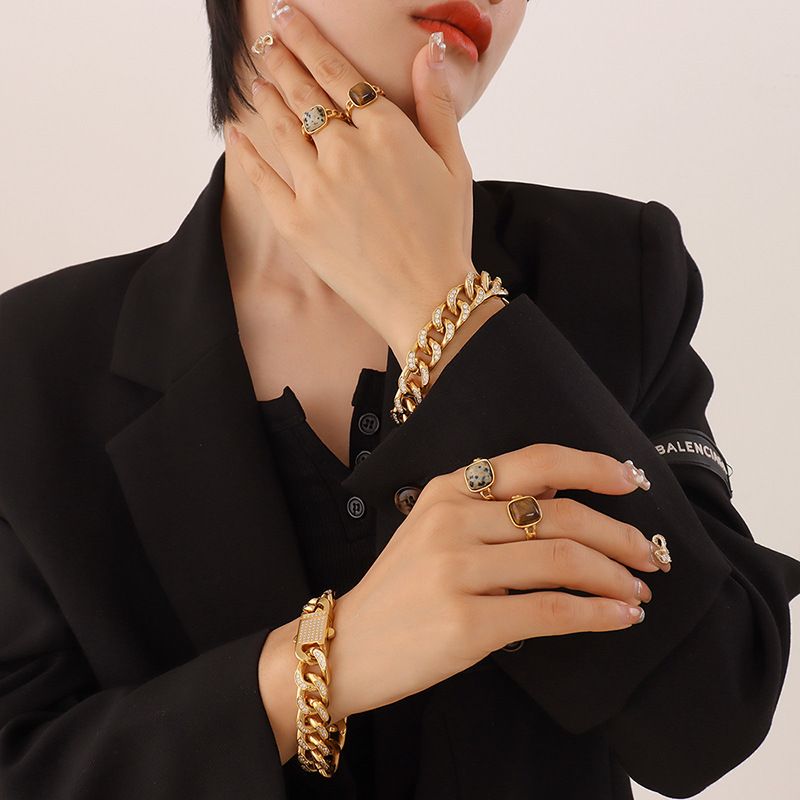Mode Stil Thick Kubanischen Kette Zweireihig Diamant Gold-überzogene Titan Stahl Armband