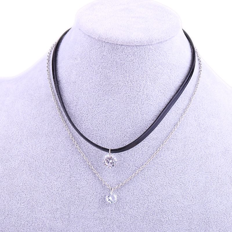 Fashion Ornament Shining Crystal Double Layer Leather String Necklace