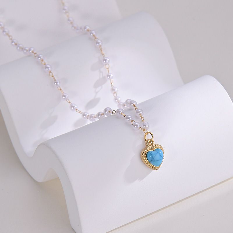 304 Stainless Steel 18K Gold Plated Retro Plating Heart Natural Stone Necklace