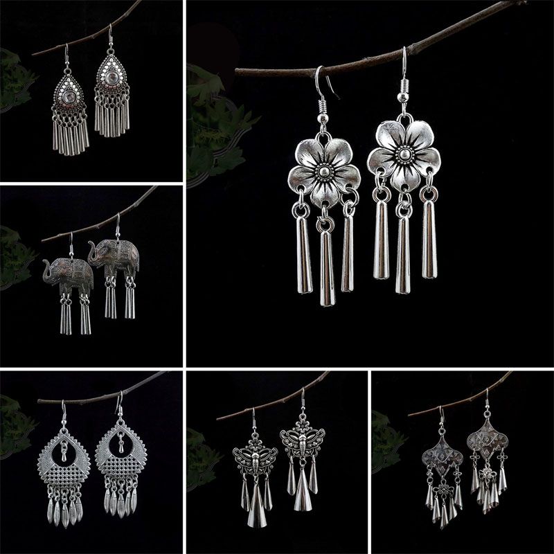 Tibet Nepal Minority Ornament Exotic Vintage Silver Plated Eardrops