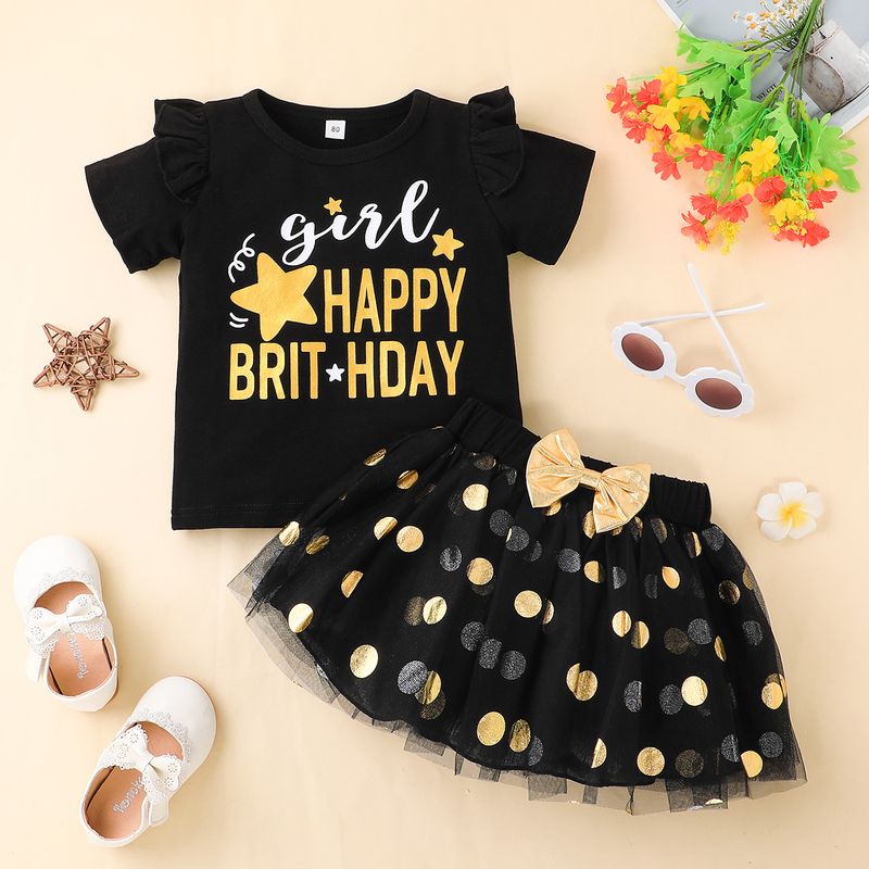 Cute Birthday Letter Crew Neck Short-sleeved T-shirt Tulle Skirt Two Piece Set