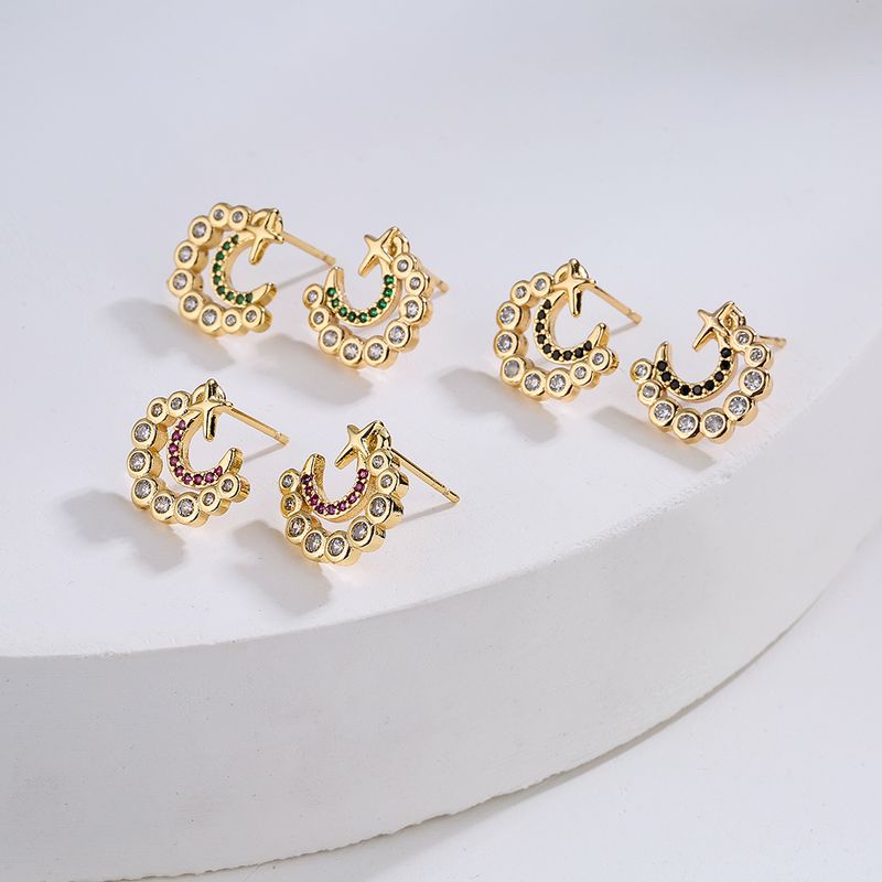 Fashion Copper Plated 18k Gold Micro Inlaid Zircon C-type Moon Star Ear Studs Earrings