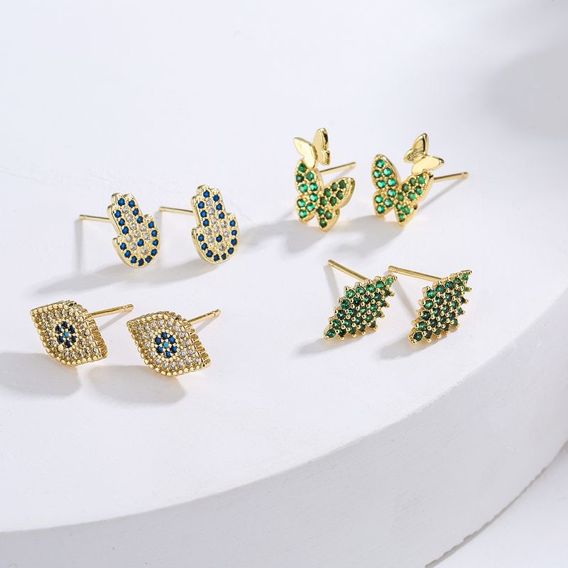 Neue Stil Kupfer Gold Überzogen Micro Intarsien Zirkon Augen Schmetterling Palm Stud Ohrringe
