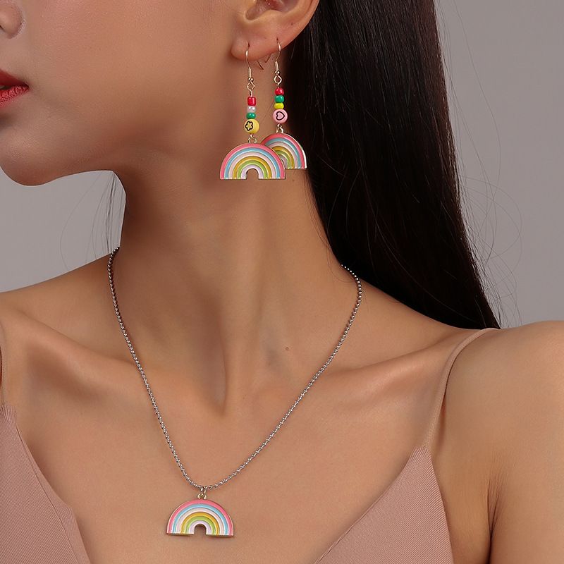 Cute Stsyle Rainbow Bead Pendant Necklace Earrings Set