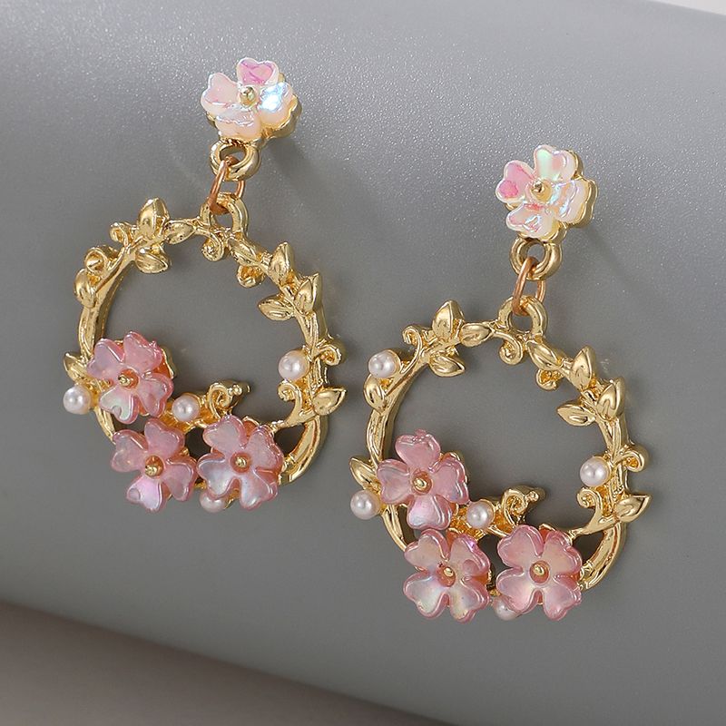 Fashion Color Diamond Flower Hollow Circle Pendant Earrings