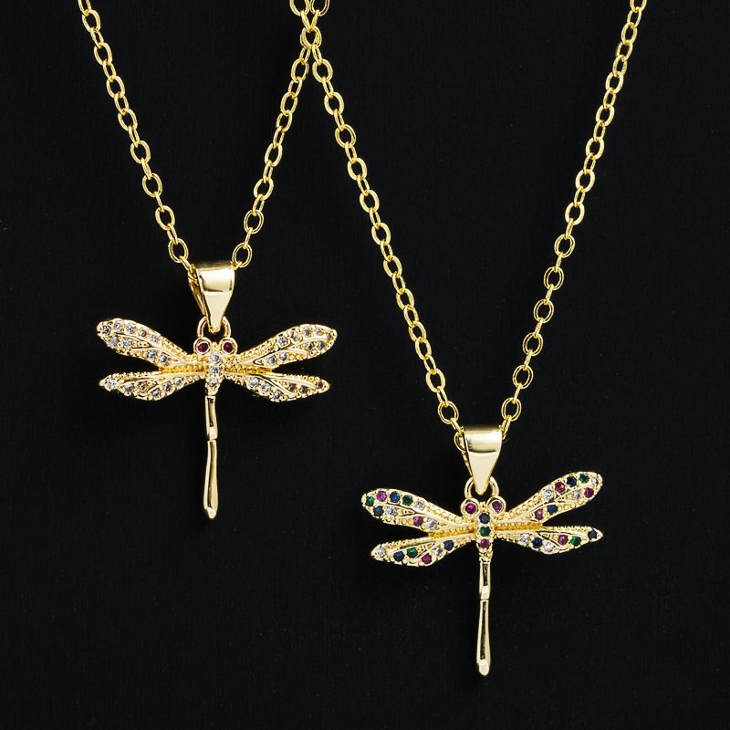 Mode Kupfer Überzug 18k Gold Micro Intarsien Zirkon Libelle Anhänger Halskette