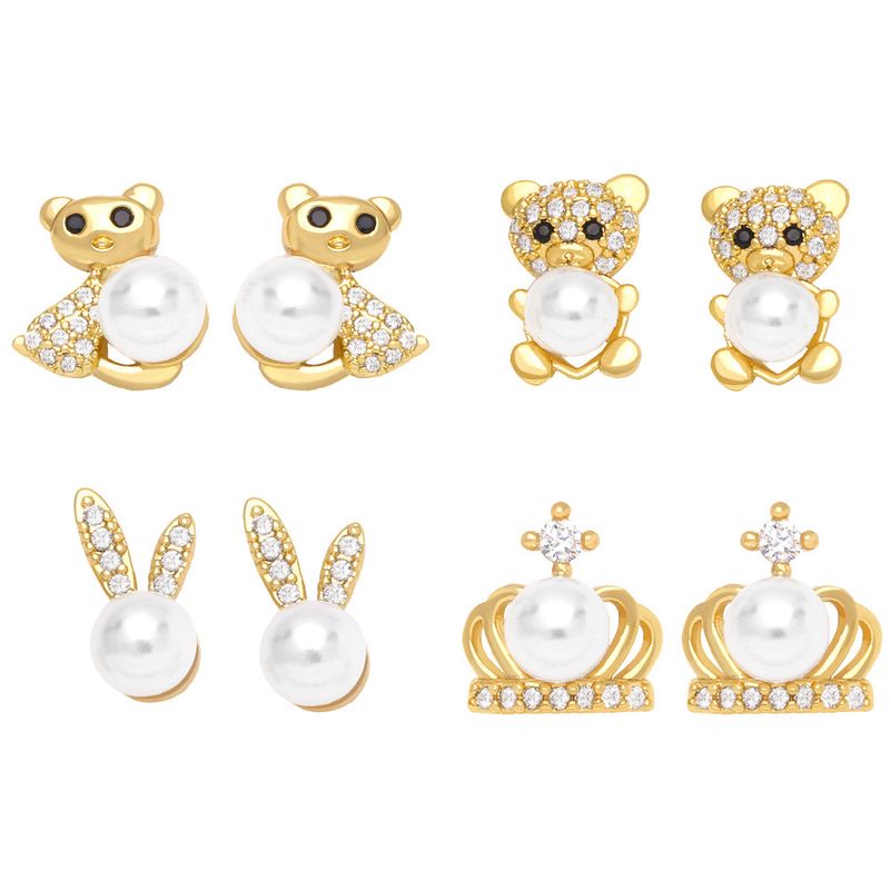 Fashion Heart Shaped Bear Pearl Simple Crown Copper Stud Earring