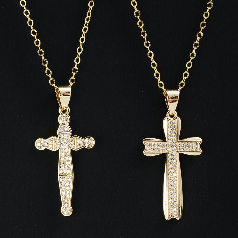 Mode Kupfer Gold Überzog Intarsien Zirkon Kreuz Anhänger Halskette