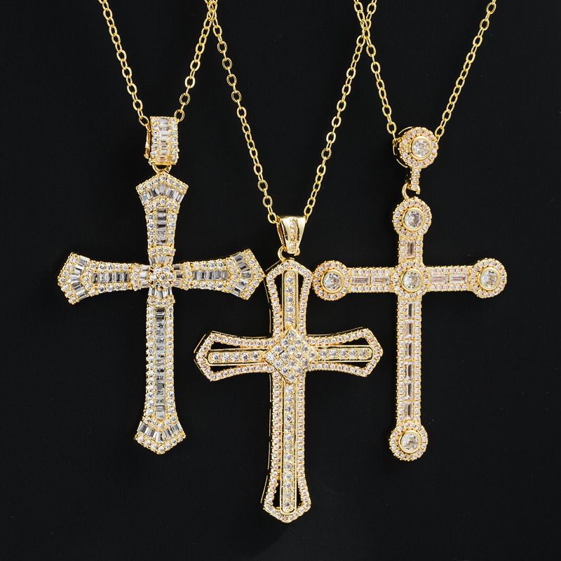 Mode Kupfer Gold-überzogene Micro Intarsien Zirkon Anhänger Kreuz Halskette