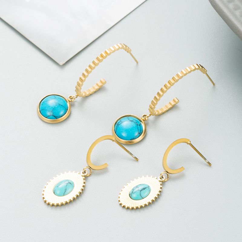 Mode Titane Acier Dripping Huile Incrusté Turquoise Pendentif Rond Boucles D'oreilles