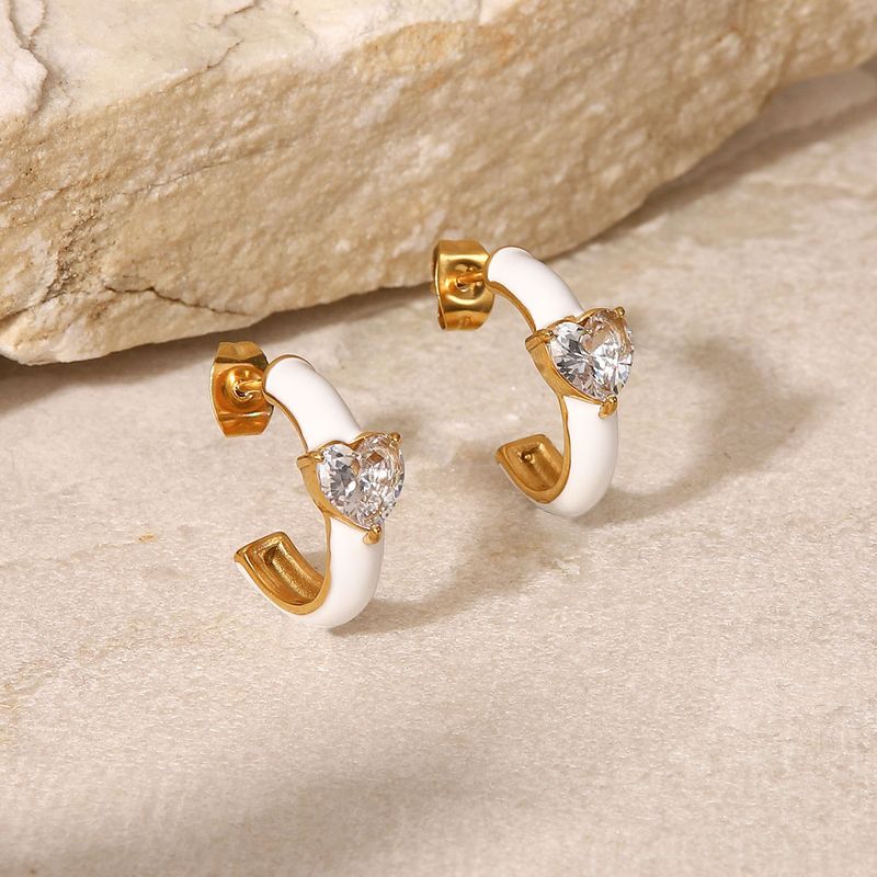 New Stainless Steel White Dripping Oil Heart Inlaid Zircon Earrings