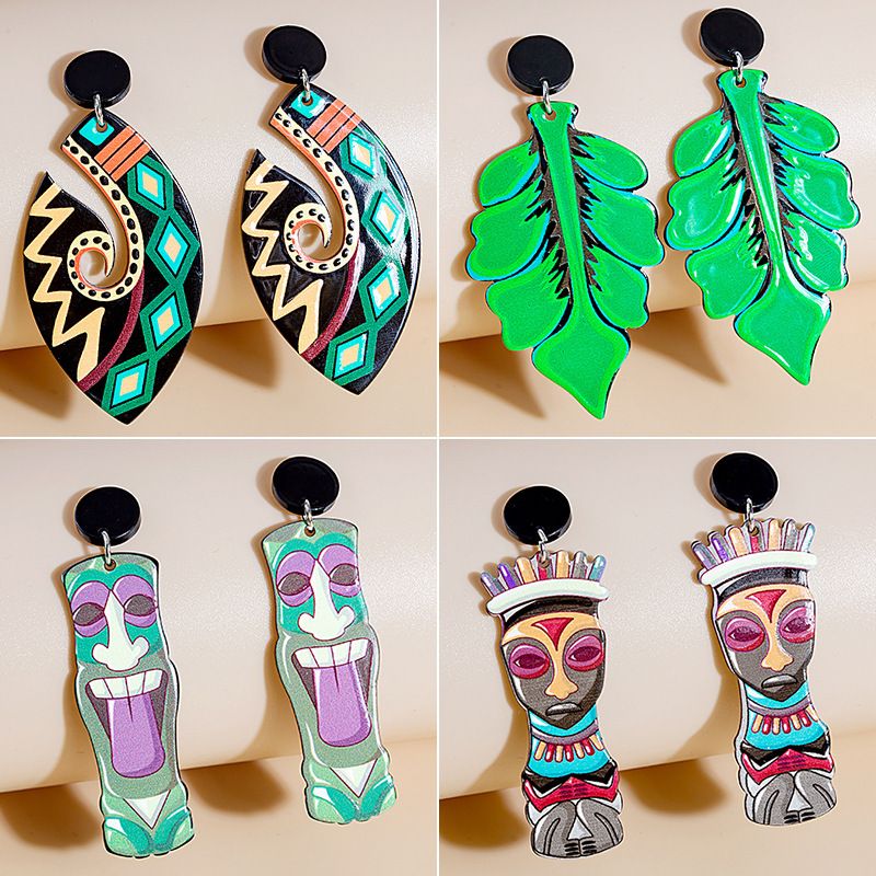 Fashion Cartoon Stud Earrings Retro Totem Green Leaf Earrings