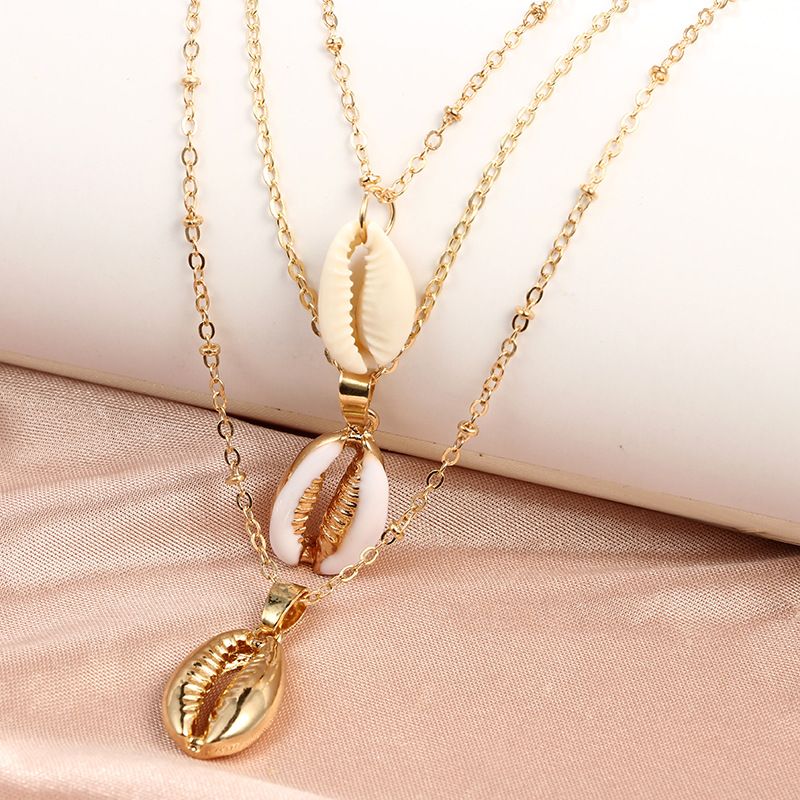 New Accessories Geometric Shell Conch Pendant Three-layer Alloy Necklace